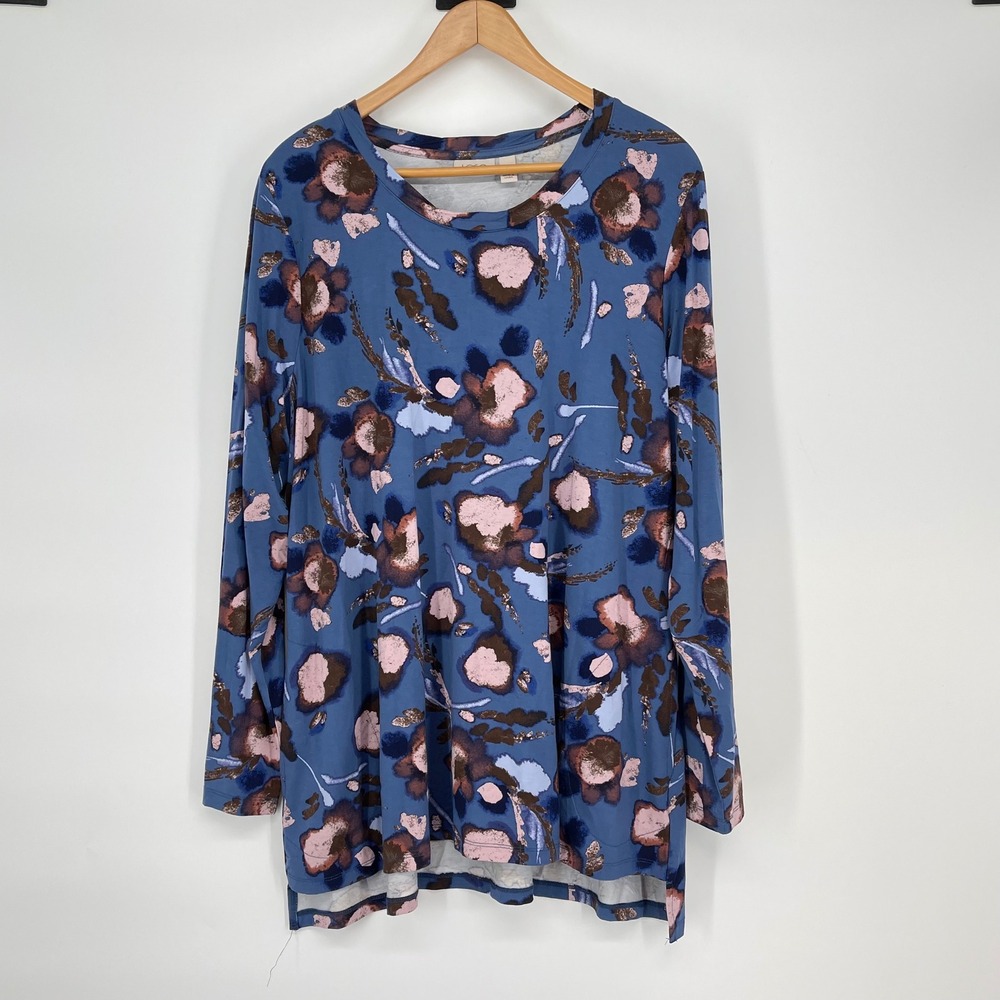 LOGO Blue Brown‎ Abstract Floral Print Long Sleeve Knit Tunic Top Size XL Artsy